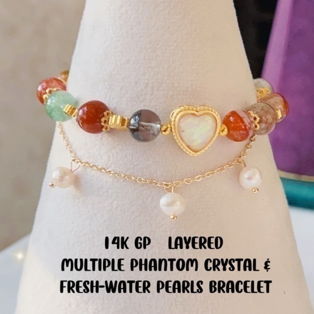 14K GP   Layered  
Multiple PHANTOM CRYSTAL & 
Fresh-water pearls Bracelet